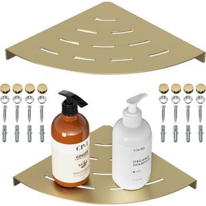 2 Pack Corner Shower Shelves 304 Stainless Steel Brushed Gold Corner Shower Shelf Quick Drainage 8 in Drilling Installation