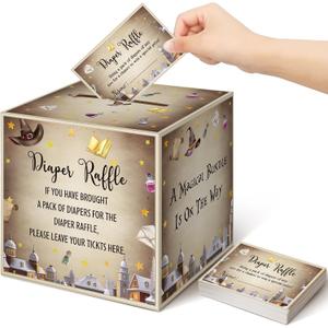 Teling 51 Pieces Diaper Raffle Tickets with Card Box Baby Shower Decorations Baby Shower Holder Box for Girl Boy Diaper Raffle Party(Magical Wizard Style)