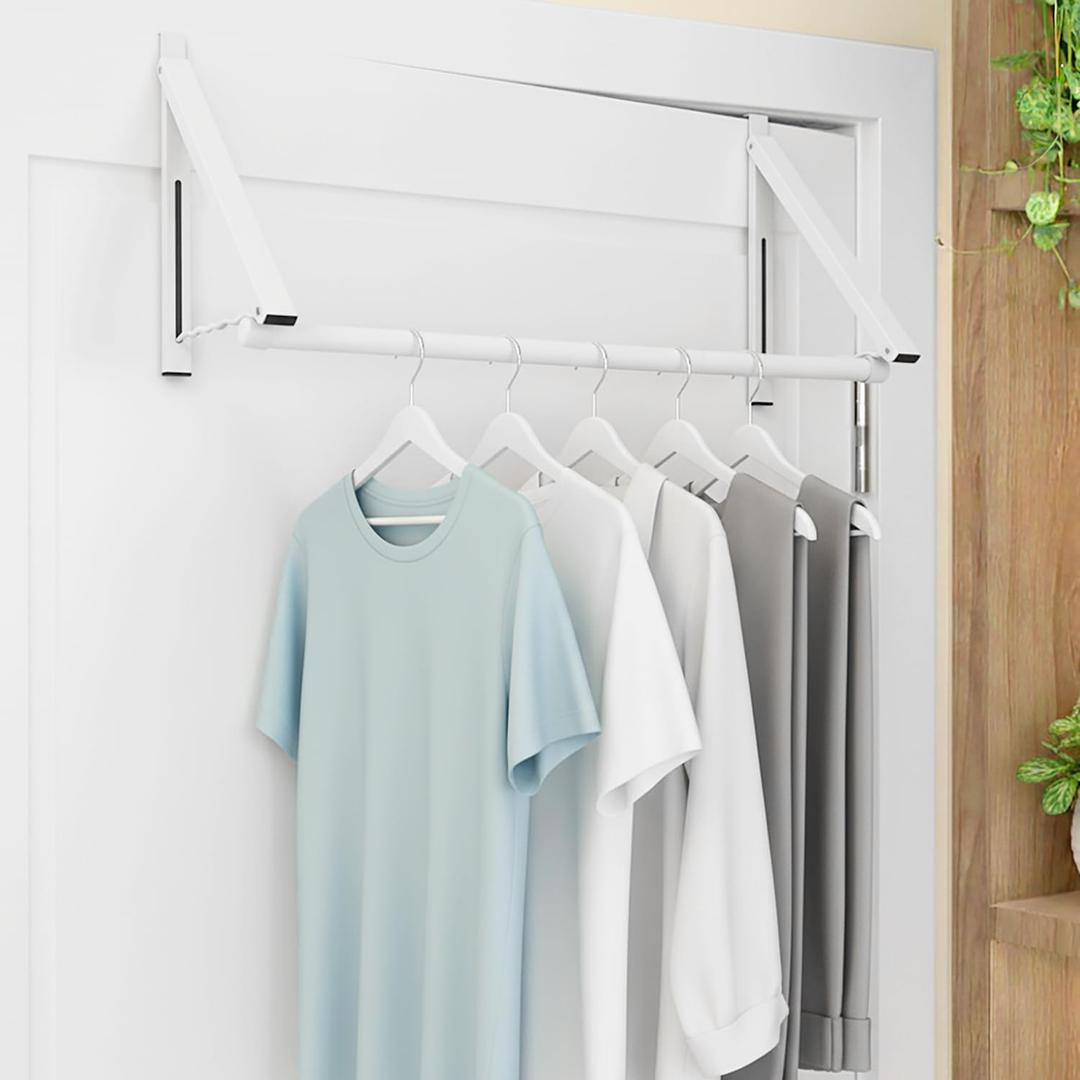 Over The Door Clothes Hanger Rack Foldable Space-Saving Over The Door Hooks for Laundry Drying Bathroom Towels & Home Office(White)