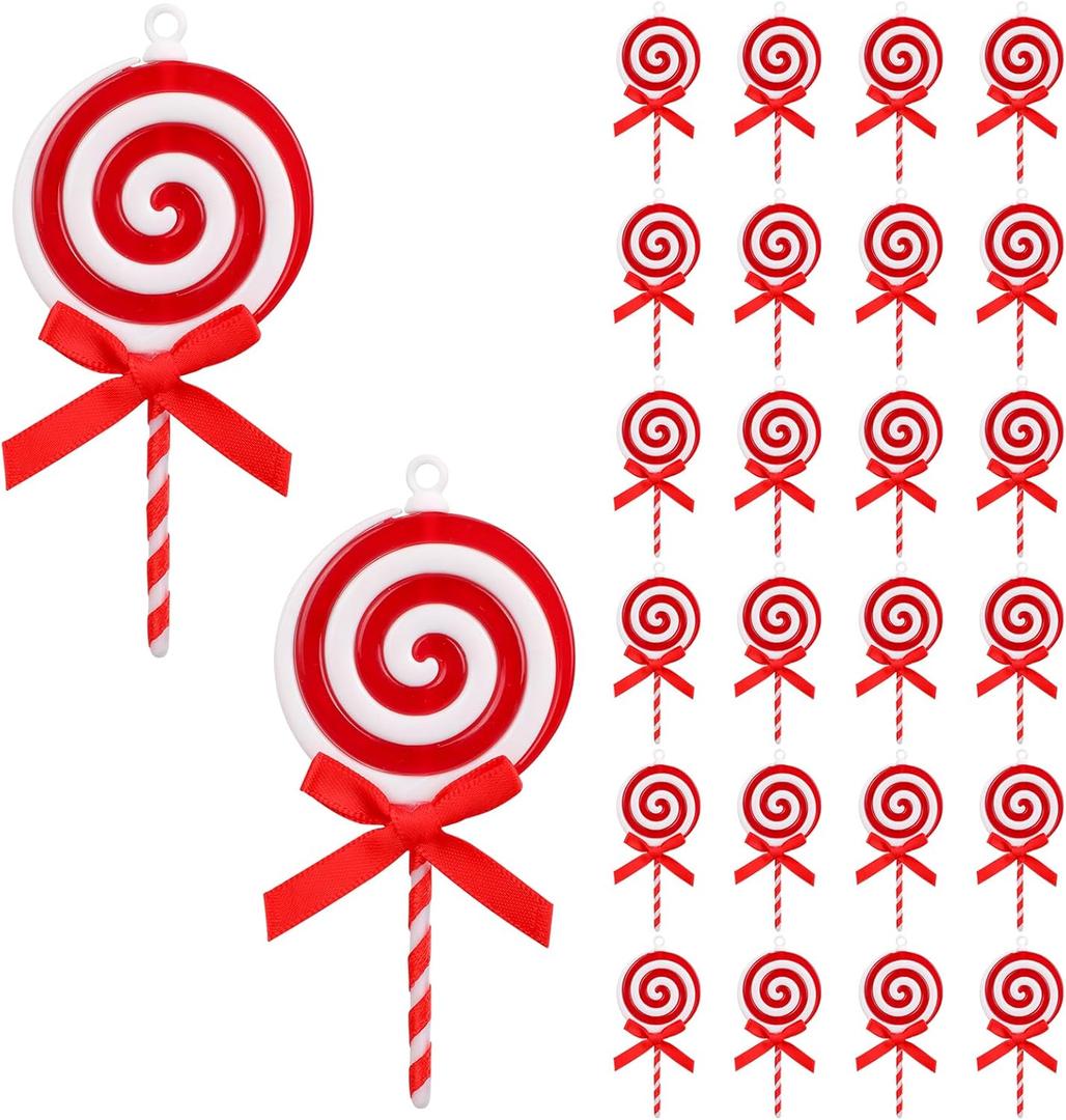 24pcs Christmas Candy Ornament, Plastic Peppermint Candy Cane Decorations with Hanging Loop for Xmas Home Party Supplies (Red, White)