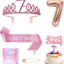 7th Birthday Candle Sash and Tiara,It's My 7th Birthday Sash Rhinestone Crown Happy Birthday Cake Topper Foil 7 Balloon for Girls Birthday Gift Party Decorations Supplies (Rose 7th)