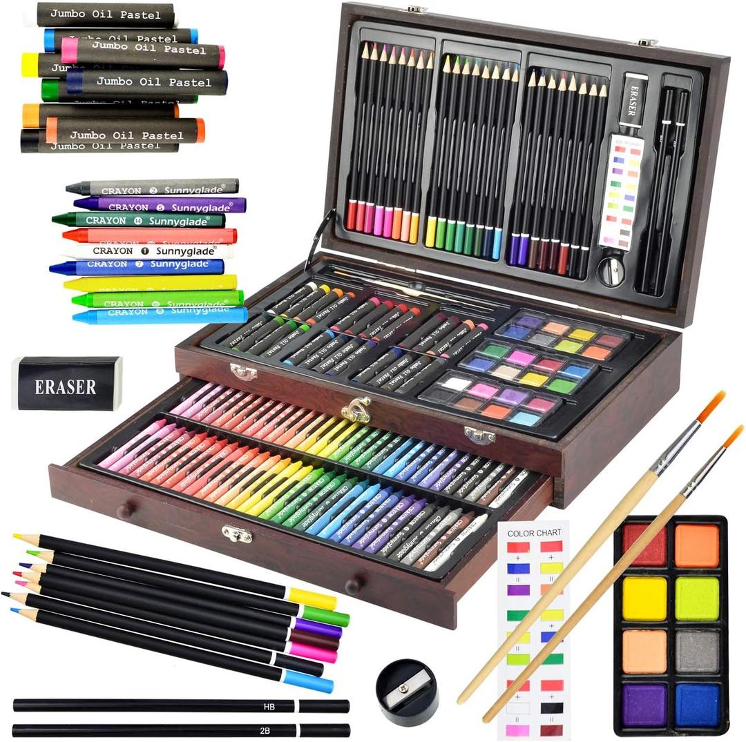Sunnyglade 145 Piece Deluxe Art Set, Wooden Box & Drawing Kit with Crayons, Oil Pastels, Colored Pencils, Watercolor Cakes, Sketch Pencils, Paint Brush, Sharpener, Eraser, Color Chart (Cherry)