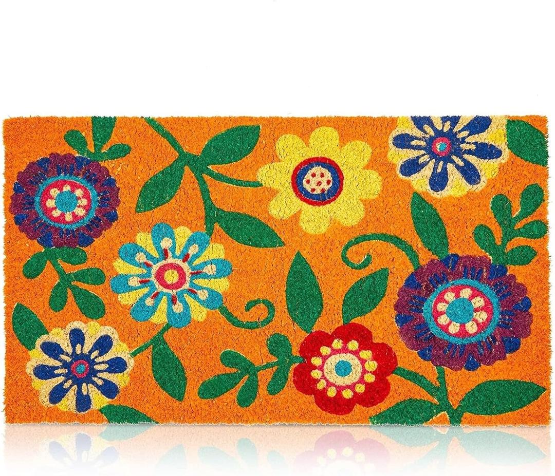 Juvale Summer Welcome Coir Floral Doormat for Outdoor Entrance, 17 x 30 Inches, Ideal for Door Entrance, Patio, Backyard, Laundry