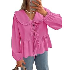 ZESICA Women's Tie Front Peplum Tops Long Puff Sleeve Lapel Collar Cute Babydoll Blouses Shirts, Hot Pink, Small
