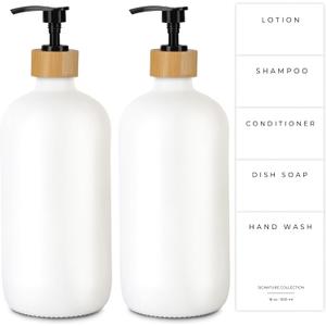 Emerson Glass Soap Dispenser Set - 16 Oz, 2-Pack with Pump and Labels for Kitchen and Bathroom (01  White / Bamboo Black)