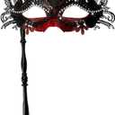 WILOVCOS Womens Masquerade Mask with Stick, Handheld Mardi Gras Mask,Venetian Party Masks (Black & Red)