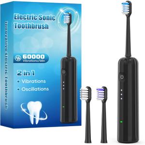 2 x 2025 New Sonic Electric Toothbrush for Adults - Vibration 60,000 VPM & 73 Oscillation Rechargeable Electric Toothbrush, 50+ Days Battery Life, 3 Modes, 2-Minute Timer, 3 Brush Heads, Black