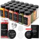 Glass Spice Jars with Label and Stainless Steel Lids (24 x 4oz) Spice Containers with 240 Labels, Shaker Inserts, Steel Funnel, Empty Square Empty Square Seasoning Organizer (Black)