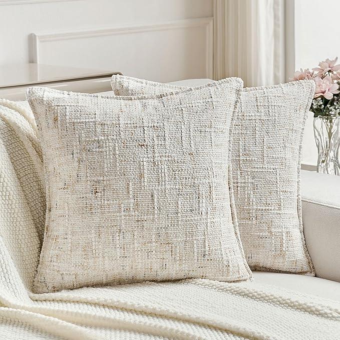 Beige Decorative Throw Pillow Covers 18x18 Inch Set of 2,Soft Chenille Tweed Textured Cushion Case,Modern Home Decor for Couch Bed Living Room
