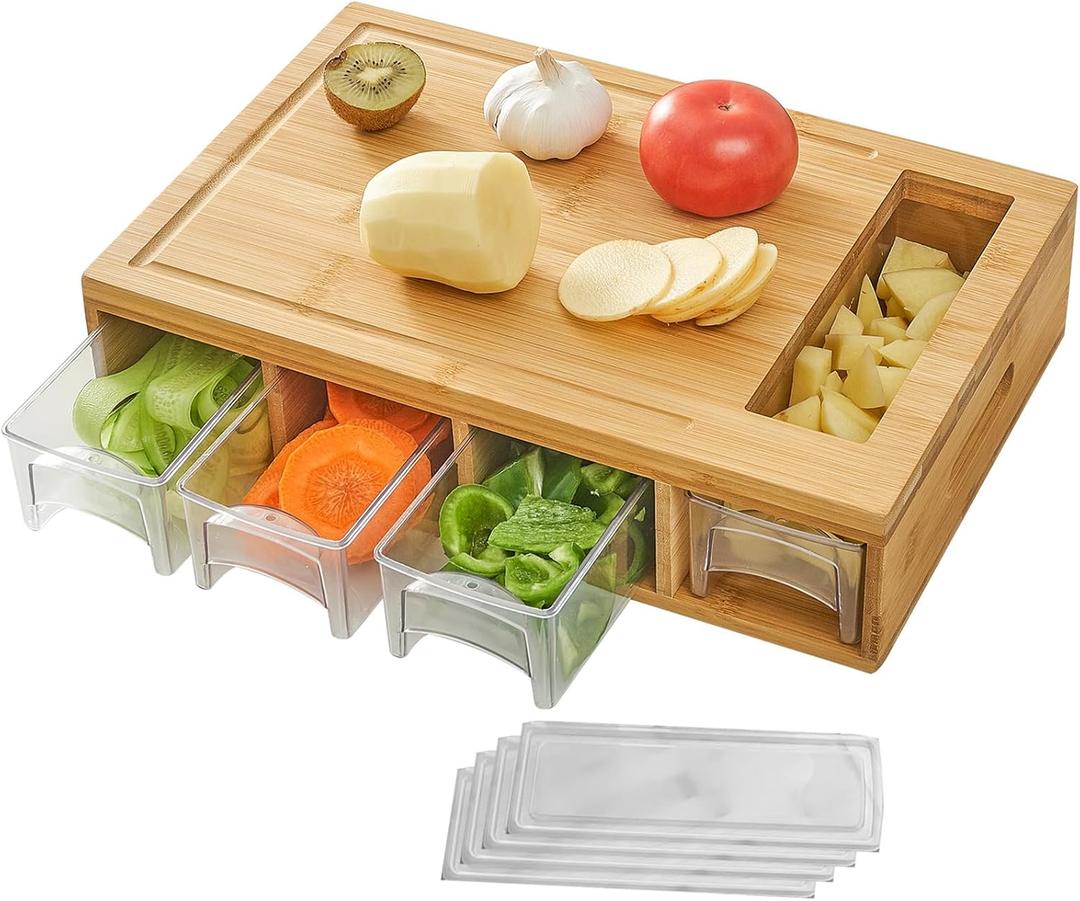 Bamboo Cutting Board with 4 Trays, Large Chopping Board with Containers, Juice Grooves, Easy-grip Handles & Food Sliding Opening, Carving Board with Trays for Food Storage