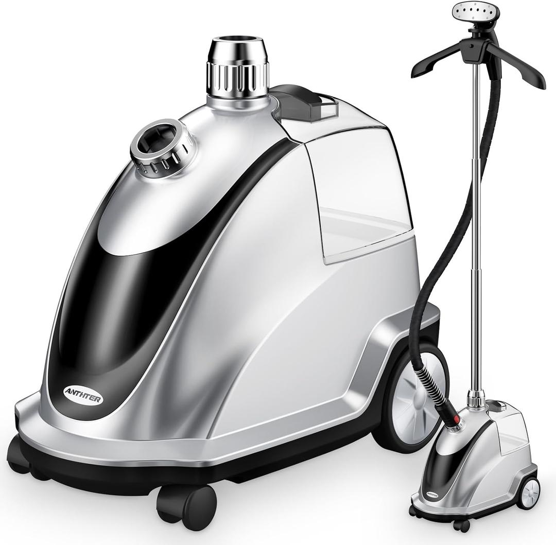 Anthter Steamer for Clothes, 1500W Powerful Standing Garment Steamer with Roll Wheels, 2.4L Water Tank for 90 Mins Continuous Steaming, 35s Fast Heat-up (Silver)