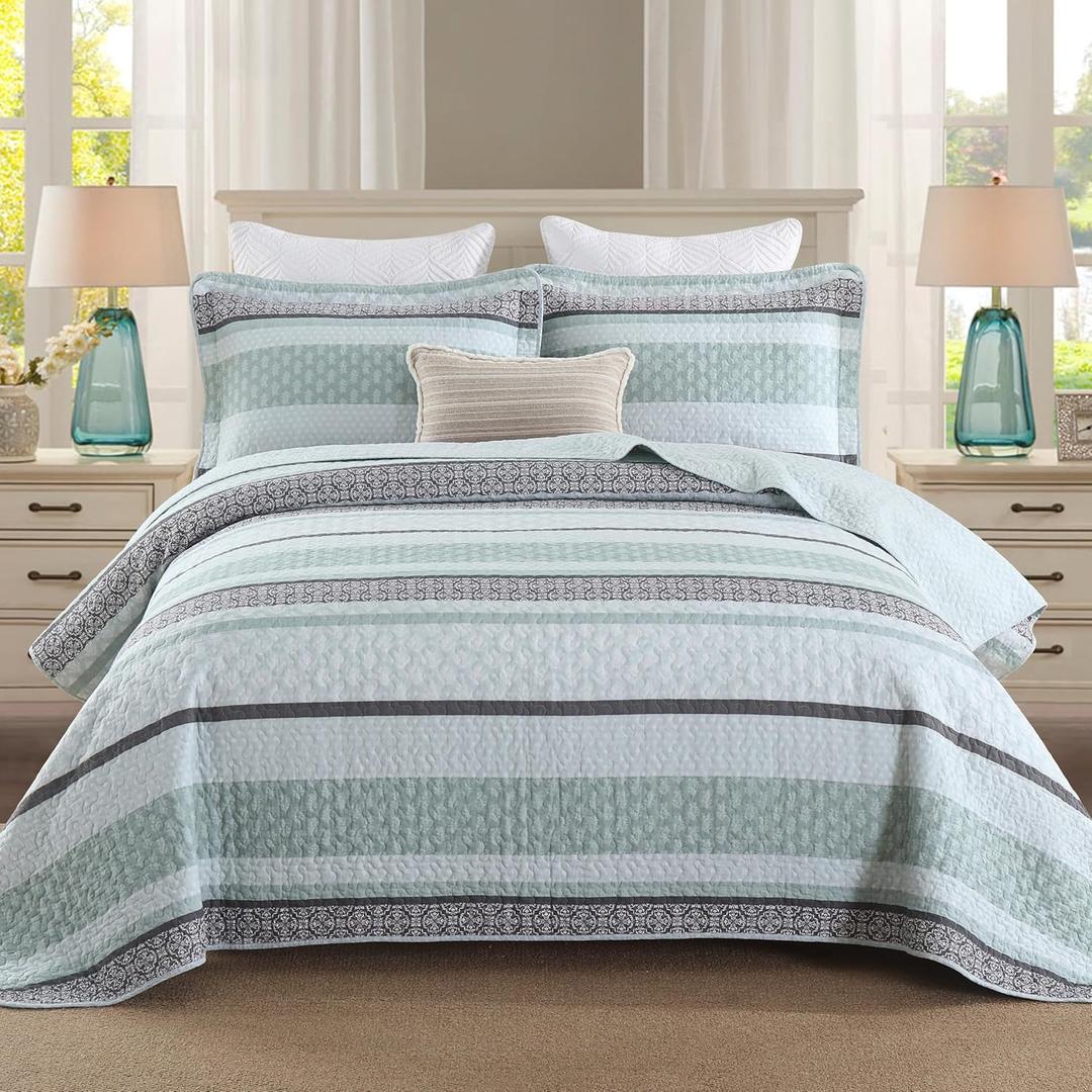 Homzard Quilts Queen Size,Cotton Queen Comforter Set,Mint Green Grey Bed Set,Striped Bedding,Lightweight Bedspreads All Season 3 Piece (Queen (90"x98"))