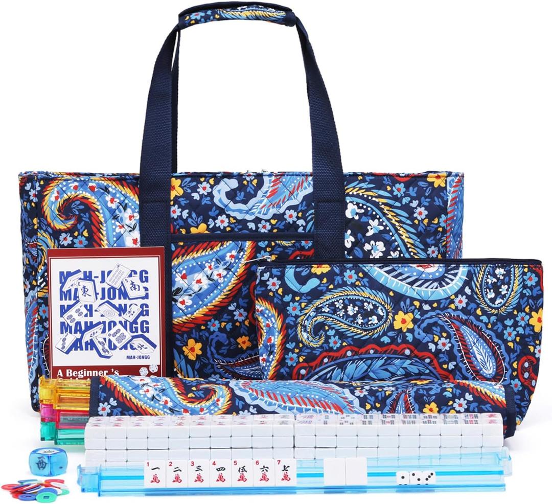 American Mahjong Set with 166 White Tiles and Racks, Mahjong Set | Navy Printed Carrying Bag, 166 Premium Tiles, 4 All-in-One Color Racks/Pushers, Mahjong Tile Set for Travel, Birthday Gifts