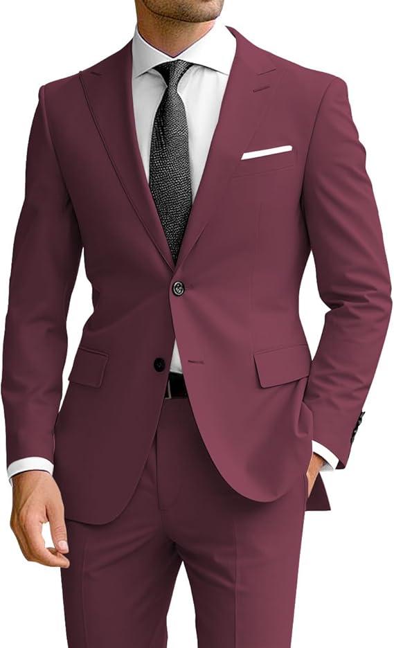 Wangyue Men's 2 Piece Suit Slim Fit Suits for Men Two Button Blazer Formal Business Jacket Suit for Wedding Prom Dinner, M, Burgundy