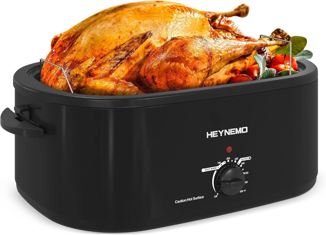 26 Quart Electric Roaster Oven with Visible & Self-Basting Lid, Large Turkey Roaster with Defrost Warm Function, Adjustable Temperature, Removable Pan Rack, Stainless Steel, Black, 26QT