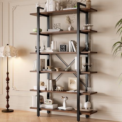 LZ-DONGMAN Solid Wood core Industrial Style Bookcase,Bookshelf with 6 Shelves, Walnut Wood and Black Metal Frame, Large Open Storage Display Unit (Dark Walnut, 6 Tiers)