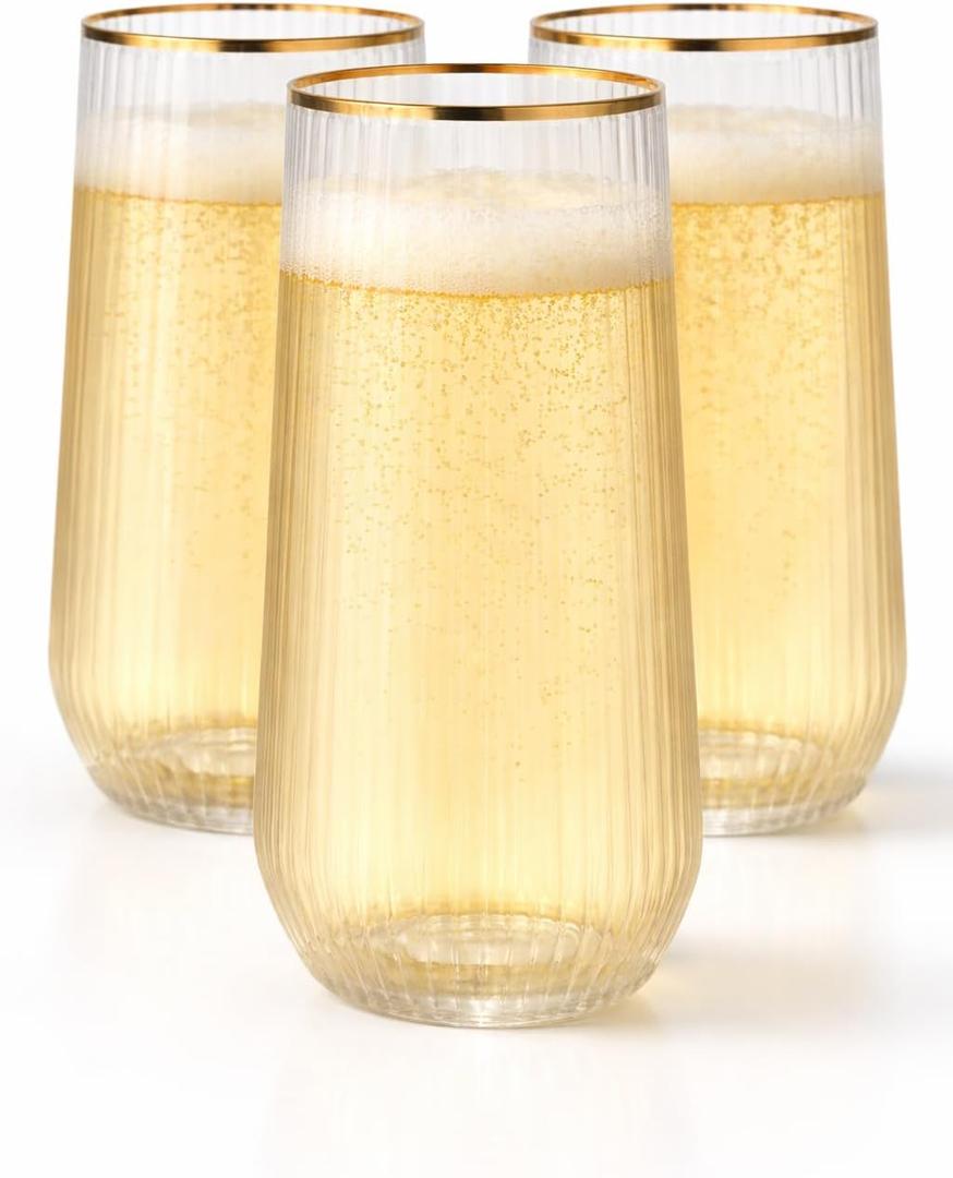 48 Pack Ribbed Ripple Stemless Toasting Glasses, Origami Durable 9 Oz BPA-Free Disposable Plastic Champagne Flutes for Weddings, Bars, Events, and Celebrations (Gold Rim)