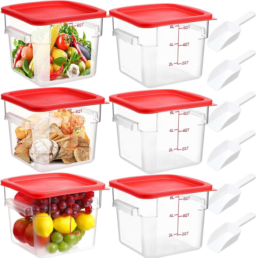 Hsei 6 Sets 6 Quart Commercial Food Storage Containers with Lids and 6 Pcs Plastic Ice Scoop for Freezer Flour Sugar Baking Bread Dog Food Restaurant Kitchen Square, (Red)