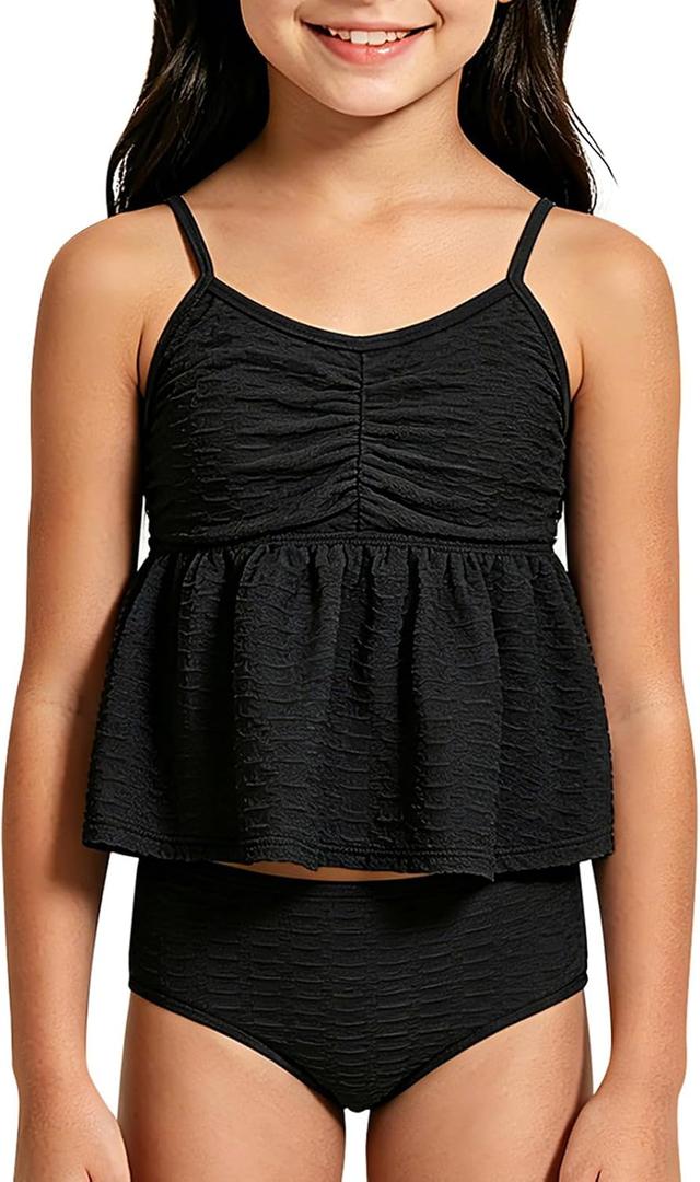 Girls' Bathing Suit High Waisted Ruffle 2 Piece Swimsuit Qick-Drying A-line Skirt Tankini Set Solid Black Size 8Y (Black)