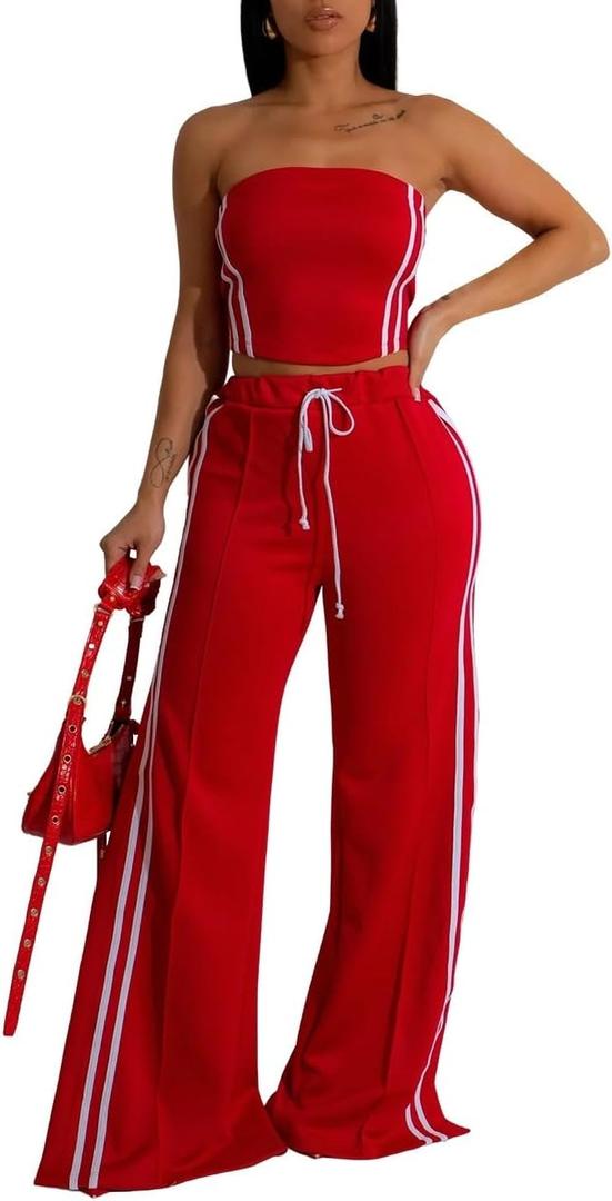 Women's 2 Piece Summer Outfits Strapless Striped Crop Top & High Waist Wide Leg Pants Set Casual Outfit (Red, XS)