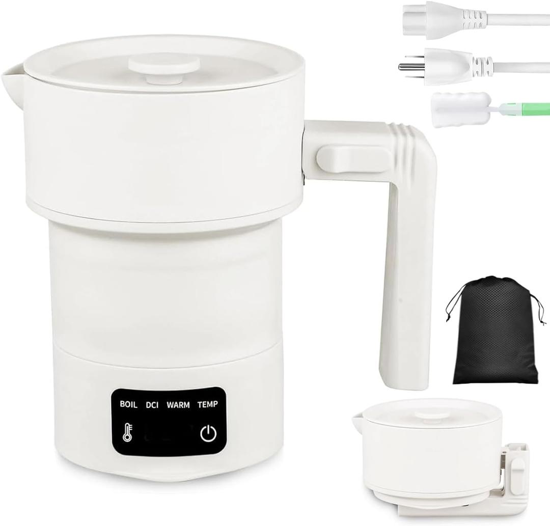 Travel Foldable Electric Kettle, Collapsible Electric Kettle Food Grade Silicone Small Pot Boiling water,0.6L/20.3oz Stainless Steel with Bag