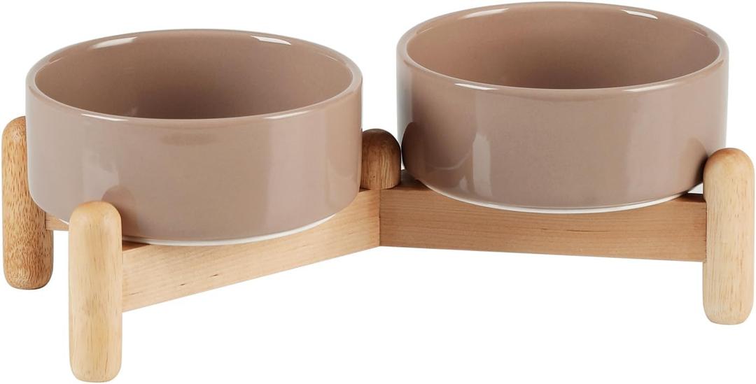 Havniva Ceramic 5.1inch Raised Double Bowls Set with Wooden Stand, Elevated Food & Water Bowls for Small Breed Dogs, Cats, Kitty, Weighted Dog Dishes, Pet Bowls(13.5oz, Brown Coffee)