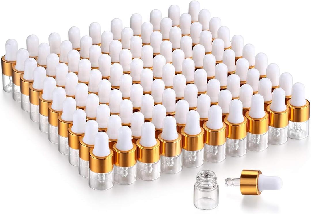 100,1ml (1/4 dram) Clear Glass Dropper Bottle,Empty Essential Oil Dropper Bottle Mini Glass Eye Dropper Vials With Pipette For Travel,Sample Test Perfume Liquid Container-1 Funnel&3 Dropper included