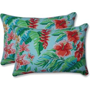 Pillow Perfect Tropic Floral Indoor/Outdoor Accent Throw Pillow, Plush Fill, Weather, and Fade Resistant, Large Lumbar - 16.5" x 24.5", Blue/Green Tropical Paradise, 2 Count