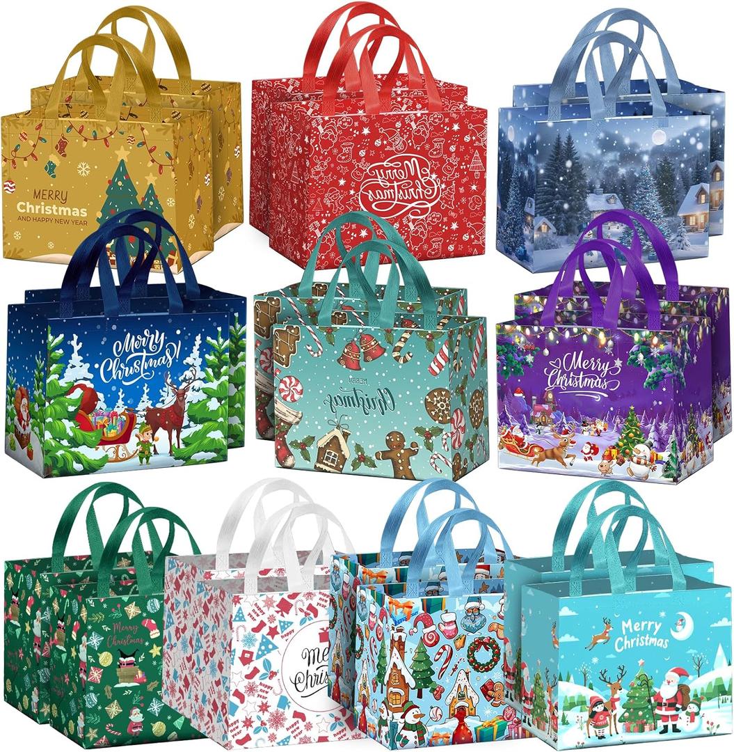 AURUZA 20PCS Christmas Gift Bags with Handles - Multi-Design & Color, Durable Reusable Non-Woven Bags for Xmas Party Supplie