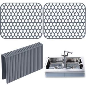 3 Pack Sink Mat and Sink Saddle Set, Sink Protectors for Kitchen Sink, Non Slip Silicone Sink Mat Dishwasher Safe, Protect Double Sink from Stains, Damage, Scratches (Cuttable)