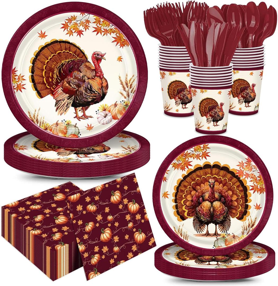 168pcs Thanksgiving Turkey Plates Napkins Party Supplies Fall Thanksgiving Paper Cups Disposable Tableware Set for Autumn Friendsgiving Party Decorations 24 Guests