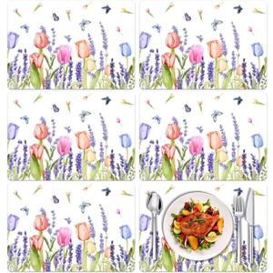 Spring Tulip Placemats Set of 6 Summer Floral Butterfly Plastic Table Mats Lavender Place Mats Washable Vinyl Rustic Holiday Table Decoration for Indoor Outdoor Party Kitchen Dining Table, 16 x 11 inches