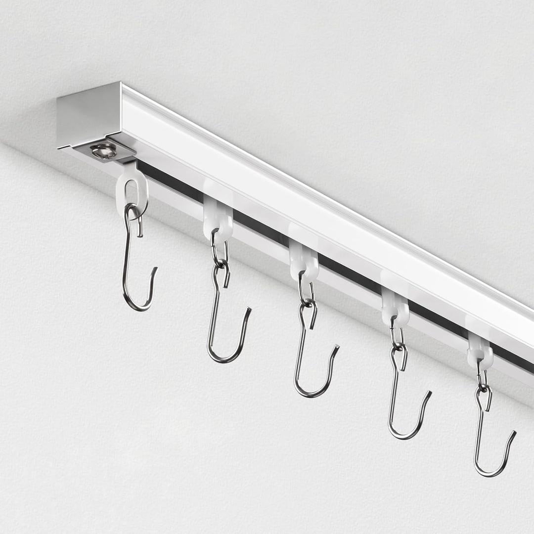 Ceiling Curtain Track, Curtain Track with Roller Hooks, 12ft - 15ft Ceiling Mounted Rail Set for Room Divider, White