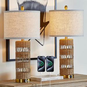 Boho Rattan Stylish & Functional & Versatile Decor USB Table Lamps Set of 2-28" Farmhouse Bedside Lights,Bulbs Included Boho Rattan Stylish & Functional & Versatile Decor USB Table Lamps Set of 2-28" Farmhouse Bedside Lights,Bulbs Included