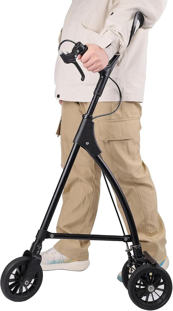One-Handed Walking Cane with Wheel and Hand Brake, Aluminum Frame & 6" Wheels, Compact Folding Design for Stability Balance, One-Handed Walker Aid for Elderly