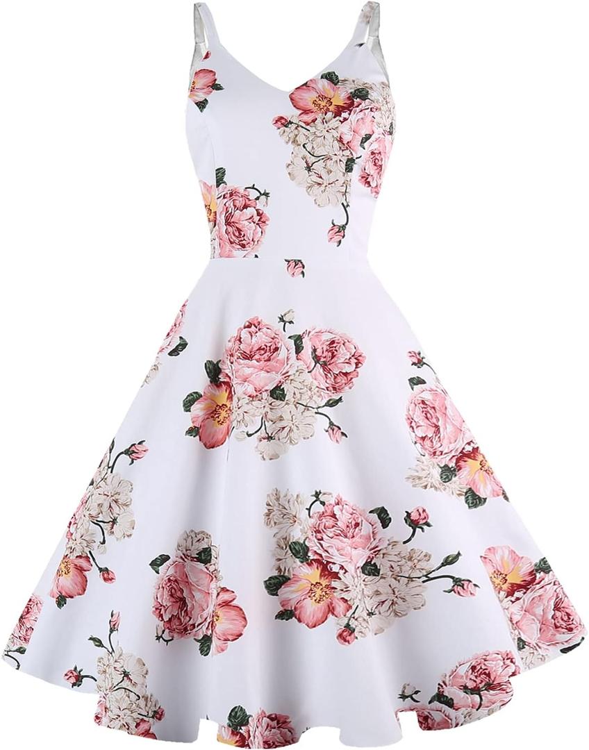 GOOBGS Women's 1950s Retro Vintage Spaghetti Strap Cocktail Swing Dresses with Pockets White Pink Flower XL