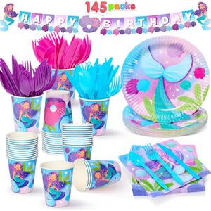 JOYIN 145 Pcs Mermaid Birthday Party Supplies with Banner, 24 Serves Tableware Set with Plates, Cups, Napkins, and Cutlery Sets for Valentines Anniversary Mermaid Themes Party Kids 6 7 8 Years