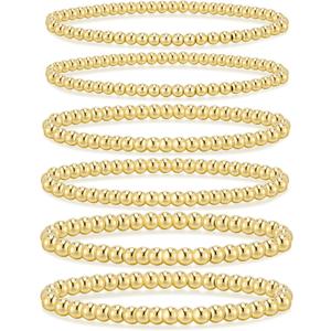 adoyi Valentines Day Gifts for Her Gold Bracelets for Women Waterproof, 14K Gold Plated Beaded Strand Bead Ball Bracelets stack Adjustable Jewelry Set for Gifts (6PCS Gold 4mm+5mm+6mm)