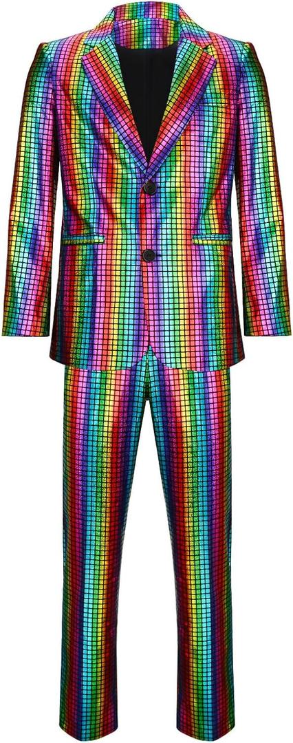 Mens 2 Pieces Disco Costume Jacket Pants Outfit Set Adult 70s Shiny Metallic Sequin Halloween Cosplay Party Suit (Small, Rainbow)
