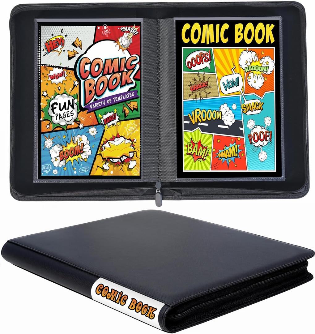 Comic Book Binder, 24+ Pockets Comic Book Storage Album, Premium PU Leather Comics Binder Fit for Comic Books (Black)