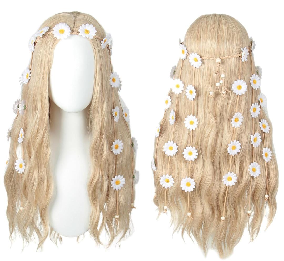 Linfairy 70s Long Blonde Wavy Hippie Wigs with Sunflower Headband Halloween Cosplay Costume Wig for Women Party (Blonde)