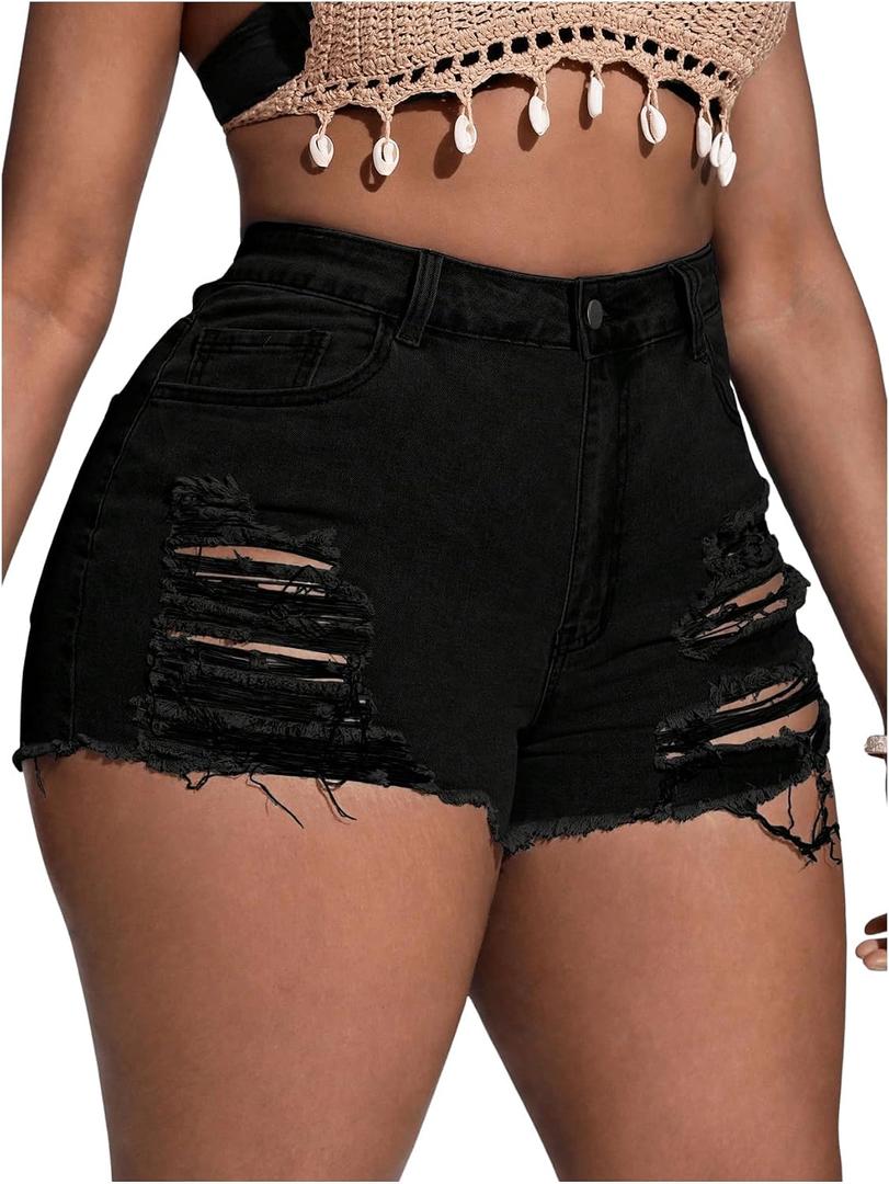 SOLY HUX Women's Plus Size Ripped Denim Shorts Casual Summer High Waisted Skinny Jean Shorts Pure Black XX-Large Plus