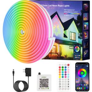 Neon Rope Lights,65.6FT RGB LED Strip Lights, App Control, IR Remote, Music Syncing, Outdoor IP67 Waterproof, Flexible Strip Cuttable for Bedroom, Gaming, Party(2 Rolls of 32.8FT)