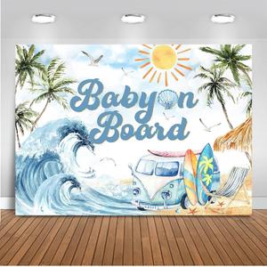 Mocsicka Baby on Board Backdrop Summer Beach Baby Shower Party Decorations Tropical Sea Wave Surfboard Background Seaside Newborn Birthday Photo Props (6x4ft)