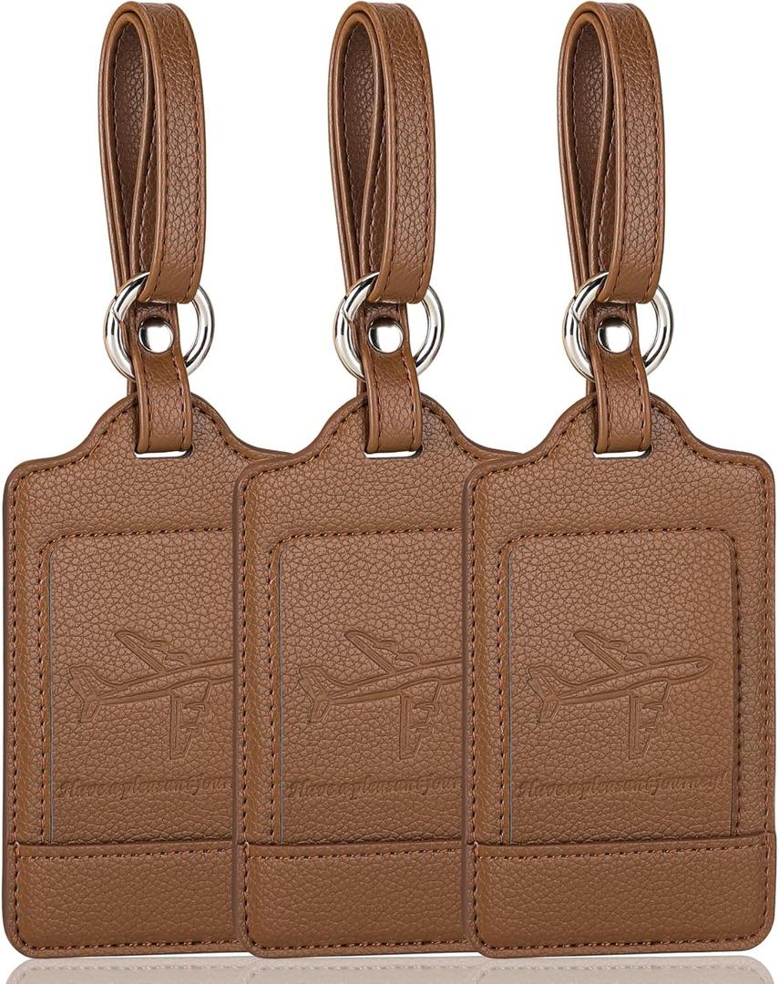 Teskyer Luggage Tags, 3 Pack Premium PU Leather Luggage Tags for Suitcases, Privacy Protection Travel Bag Tags, Lichee Coffee