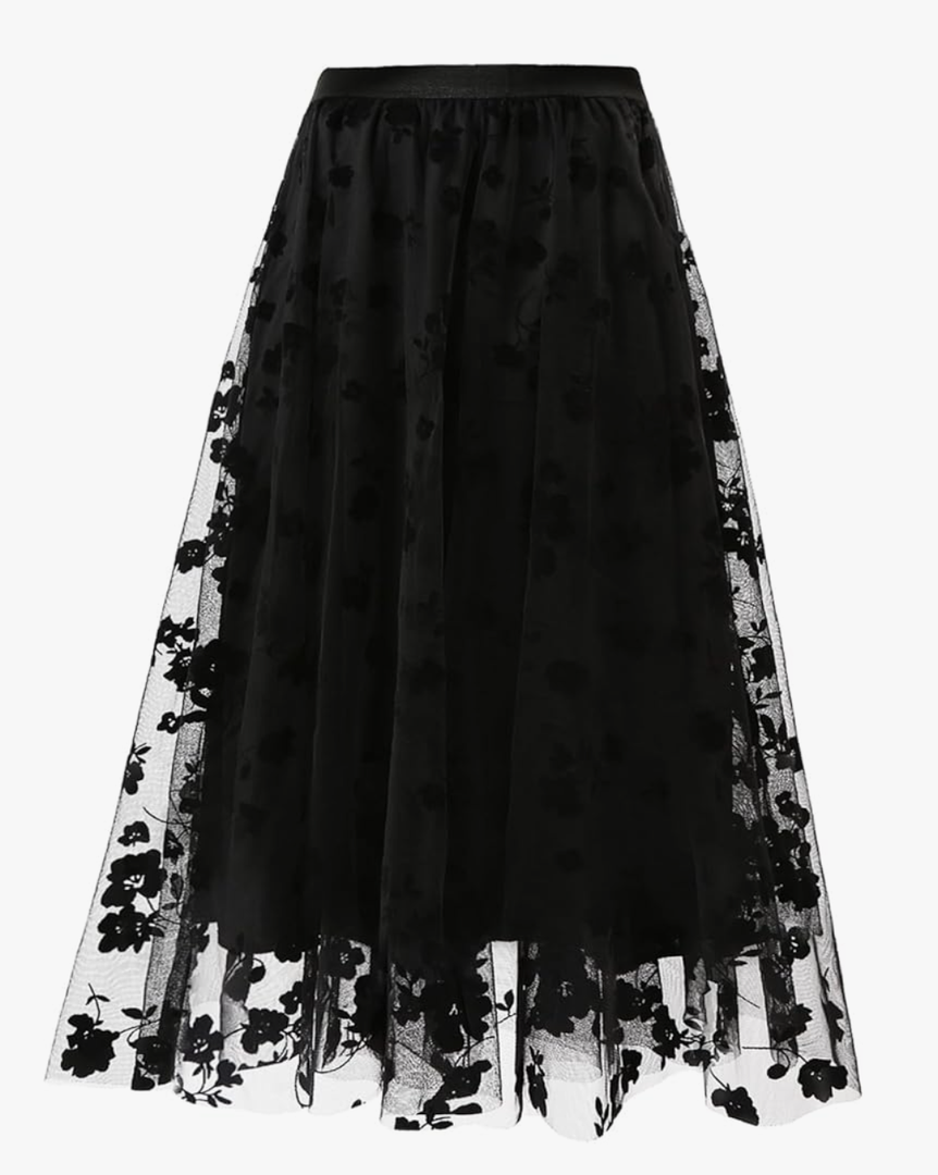 Women's A Line Tulle Midi Skirt Tiered Petticoat Skirts Tea-Length Elastic Waist Tutu Skirts, XS