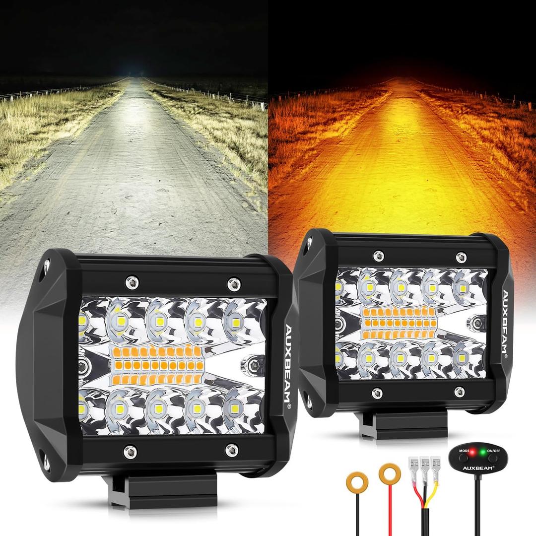 Auxbeam 6 Modes Amber White Series 4 Inch 120W Strobe LED Pod Lights Dual Color Auxiliary Offroad Light Bar Spot Flood Combo Flashing Fog Lights A-Pillar Bumper Grille Mount, Pair