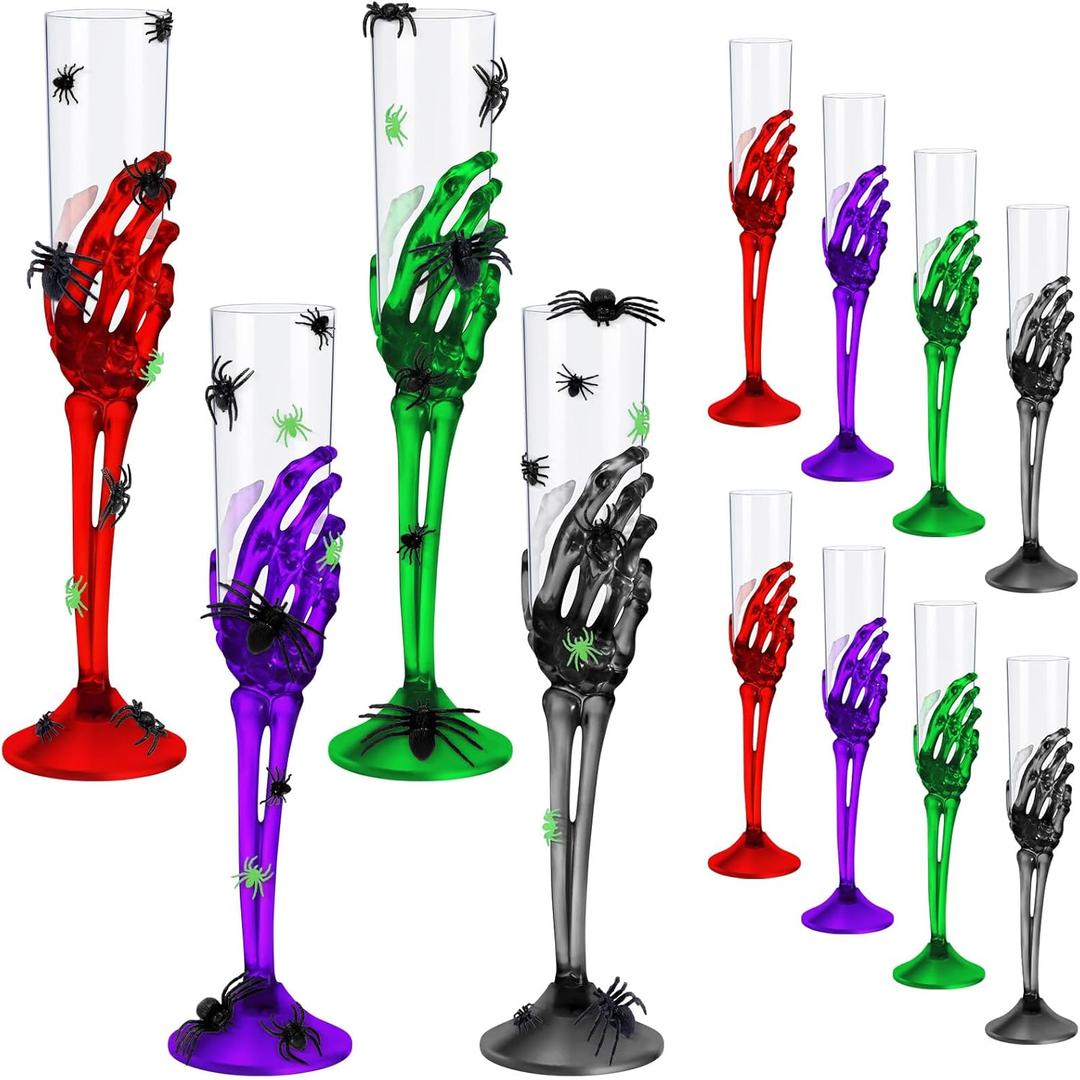 12PCS 5 oz Halloween Goblets with Skeleton Hand, Halloween Skeleton Hand Plastic Goblets, Plastic Champagne Flutes Halloween Cups for Creepy Spooky Halloween Party Decoration 4-Color, 350 ml
