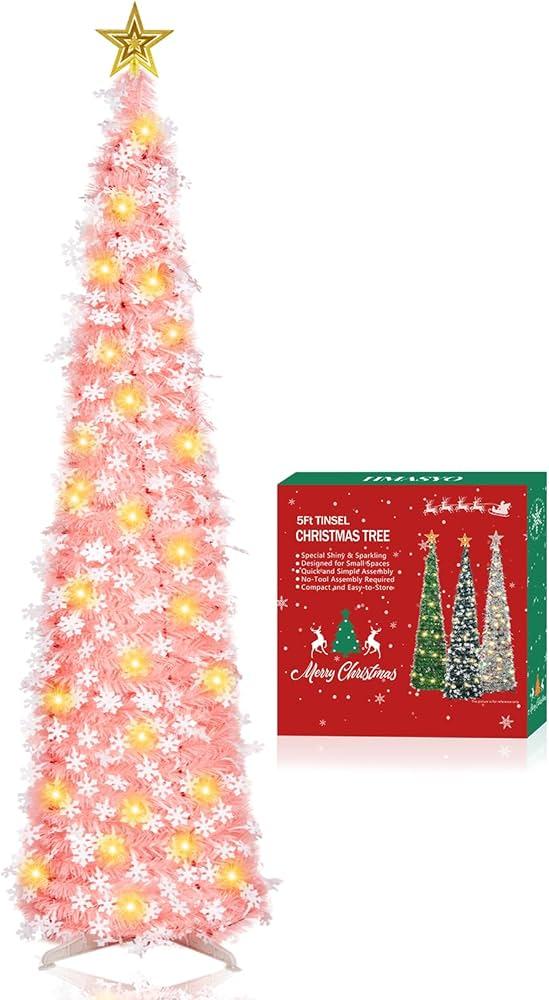 MACTING Pink Christmas Tinsel Tree with Lights, Easy-Assembly Glittery 5ft Pop up Christmas Tree for Holiday Party Winter Xmas Decorations