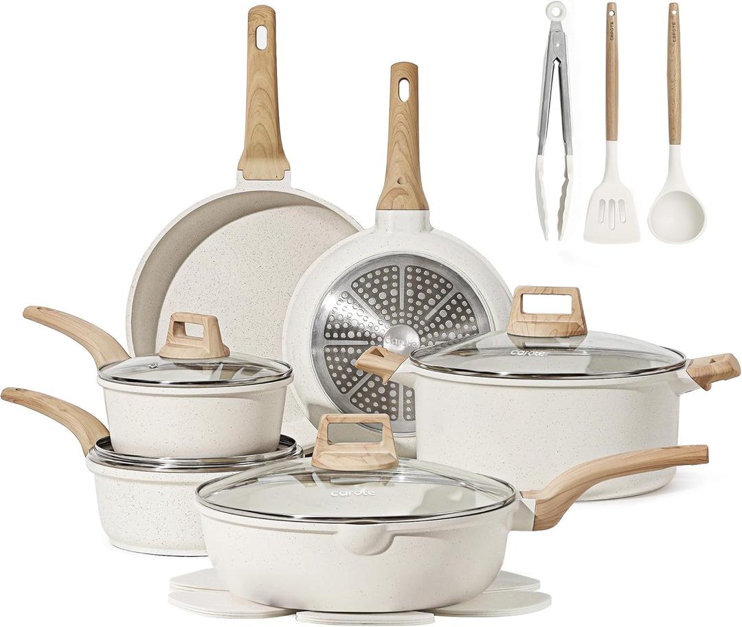 CAROTE 16 Piece Pots and Pans Set Nonstick, White Granite Cookware Sets Induction Cookware, Non Stick Cooking Set w/Frying Pans & Saucepans (PFOS, PFOA Free) CAROTE 16 Piece Pots and Pans Set Nonstick, White Granite Cookware Sets Induction Cookware, Non Stick Cooking Set w/Frying Pans & Saucepans (PFOS, PFOA Free)